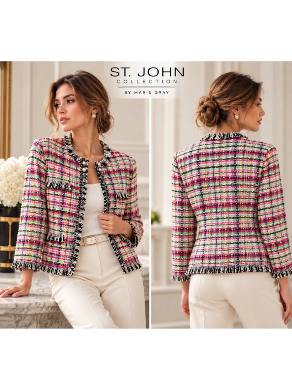 St. John Collection Women's Multicolor Plaid Fringe Knit Jacket Size 8